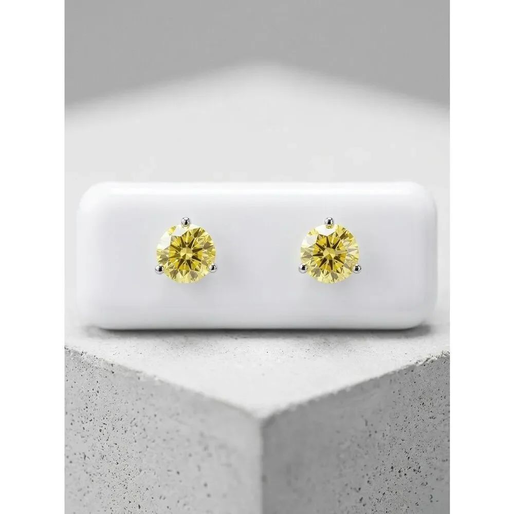 Citrine Yellow Moissanite Stud Earrings 5mm Round Cut Screw Back Solid Silver